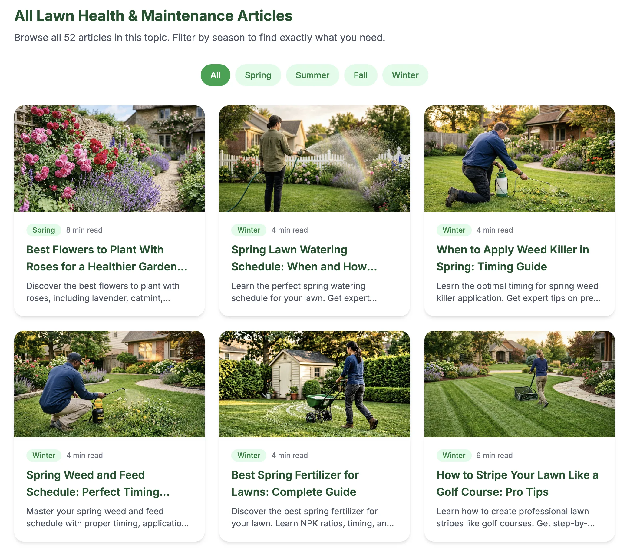 Topic page on LawnCare.center listing 52 Lawn Health & Maintenance articles in a 3-column grid, with season filter chips for All, Spring, Summer, Fall, and Winter.