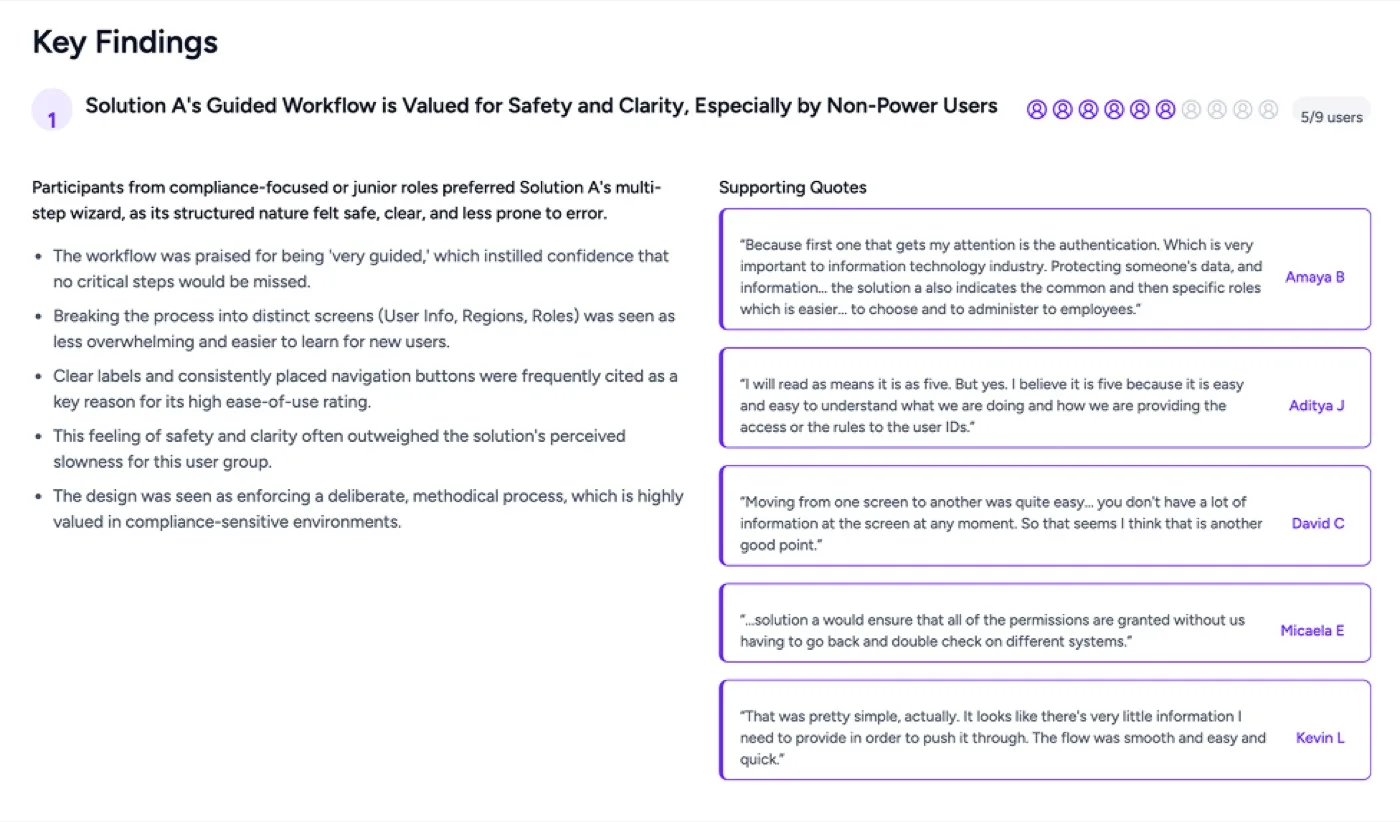 AI-moderated research session — synthesis view